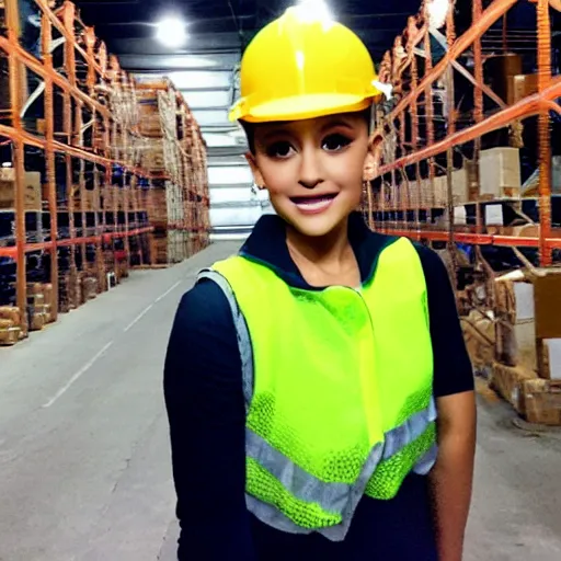 Image similar to photo, close up, ariana grande in a hi vis vest, in warehouse, android cameraphone, 2 6 mm,