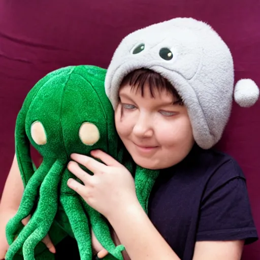 Prompt: a small girl hugging her plush Cthulhu in pajamas