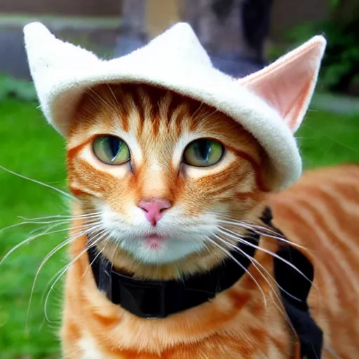 Prompt: ginger tabby cat wearing a silly hat