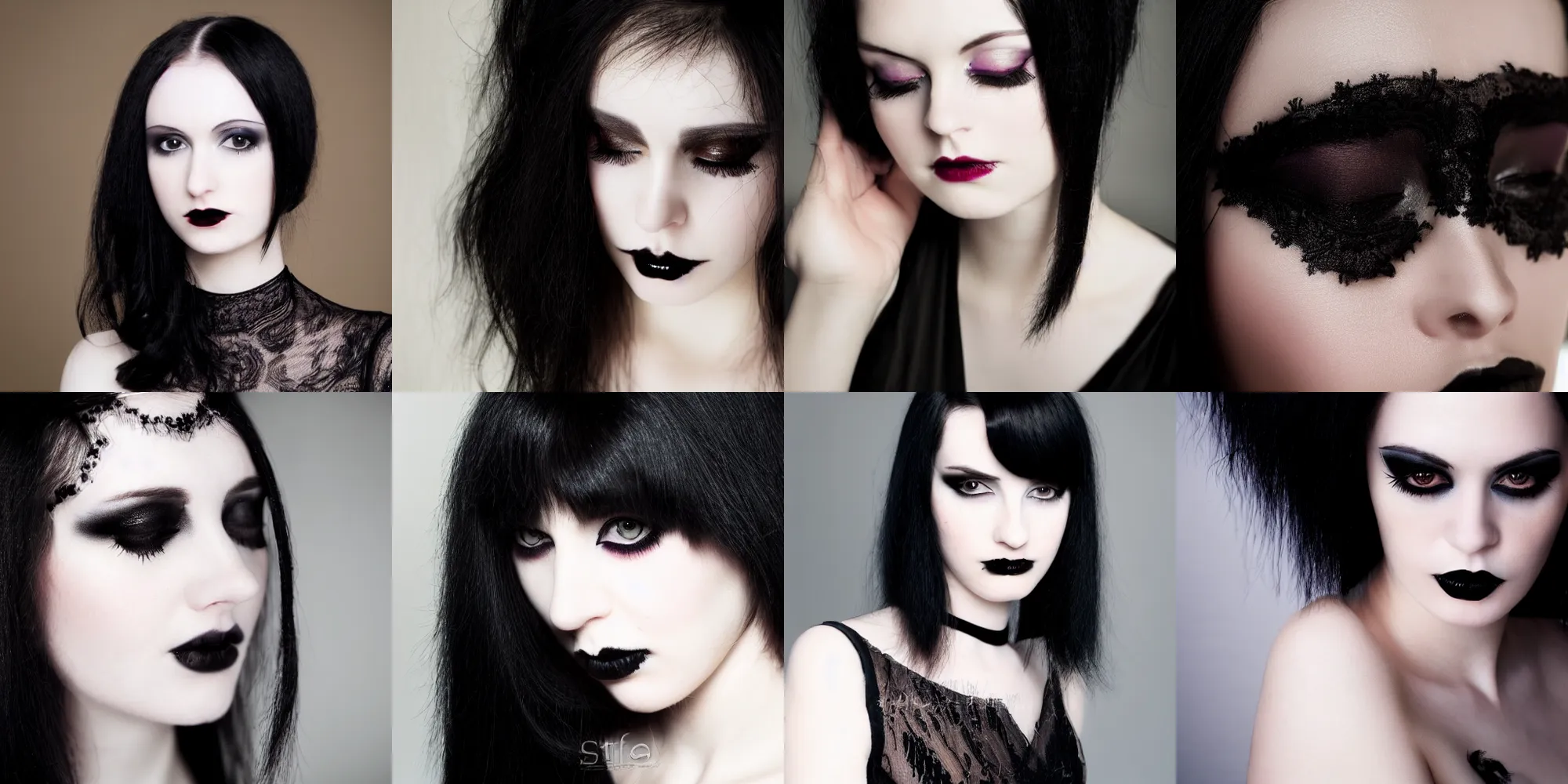 Image similar to a beautiful close - up shot of a goth woman, black hair, pale skin, sensual, beautiful soft light failling on her face, studio photography, in the style of victoria frances