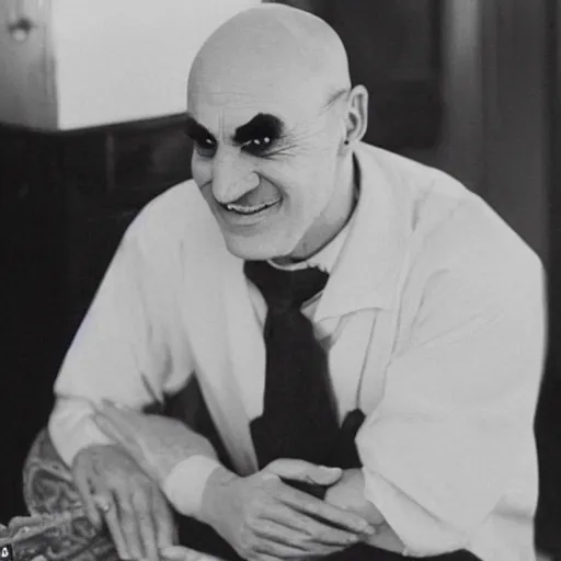 Prompt: an old ((somewhat mildewed)) funeral home director of Italian descent, somewhat bent over, bald on top, with a halo of unkempt hair, looking like Lurch from Addams Family, bearing a large mad grin, the minor god of illumination