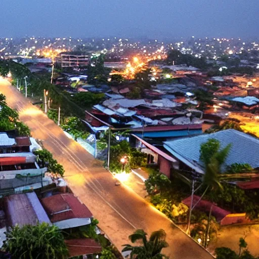 Prompt: panoramic view of malolos, bulacan, philippines, rainy at dusk