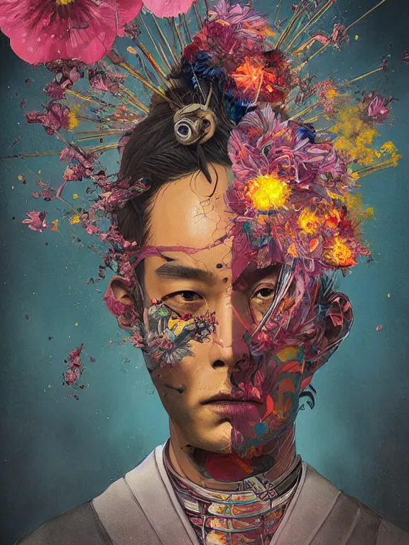 Image similar to art portrait of samurai with flowers exploding out of head,by tristan eaton,Stanley Artgermm,Tom Bagshaw,Greg Rutkowski,Carne Griffiths,trending on DeviantArt,face enhance,chillwave,minimalist,cybernetic, android, blade runner,full of colour,