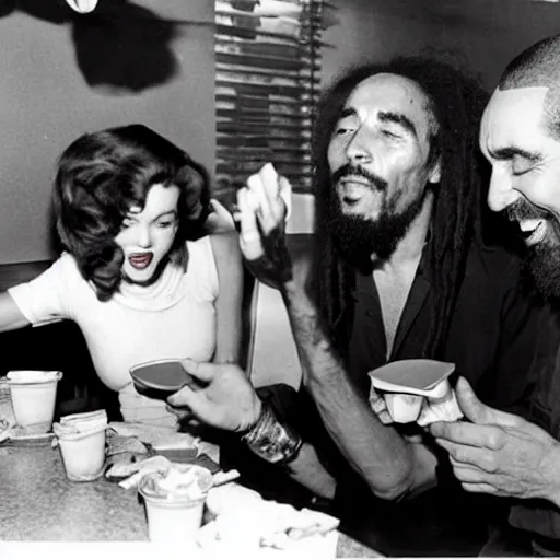 Image similar to Marilyn Monroe, Bob Marley and Charles Manson eating donuts in a cafe.