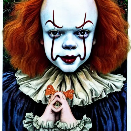 Prompt: Sadie Sink as Pennywise from IT portrait painted in Frank frazzeta style drawn by Vania Zouravliov and Takato Yamamoto, inspired by Fables, intricate acrylic gouache painting, high detail, sharp high detail, manga and anime 2000