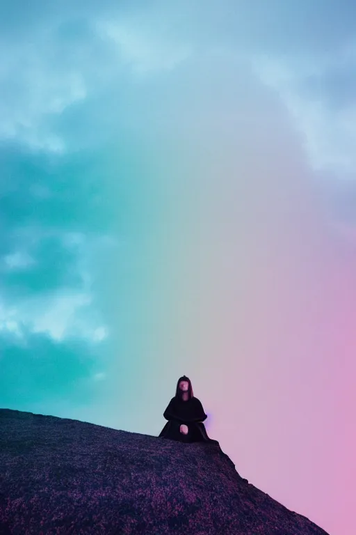 Prompt: high quality pastel coloured film close up wide angle portrait photograph of a model wearing clothing resting on cloud furniture in a icelandic black rock environment in a partially haze filled dreamstate world. three point light, rainbow. photographic production. art directed. pastel colours. volumetric clouds. pastel gradient overlay. waves glitch artefacts. extreme facial clarity. 8 k. filmic.