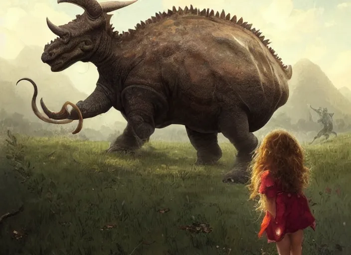 Prompt: a cute little girl with wavy curly brown hair meets a triceratops. beautiful painting by greg rutkowski