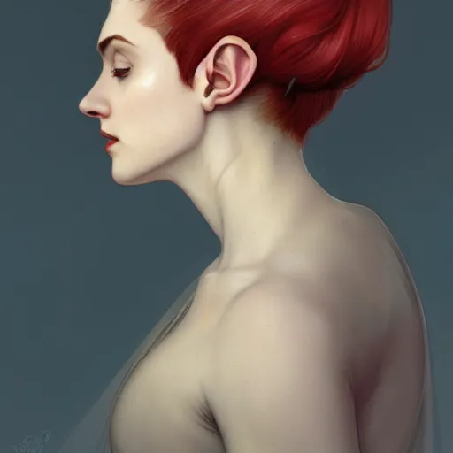 Prompt: side portrait of very beautiful elf, elegant hair design, hair over face, headshot, looking up, hyper realistic, pale skin, bright red hair, 4k, rule of thirds, extreme detail, detailed drawing, trending artstation, hd, fantasy, D&D, realistic lighting, by Alphonse Mucha, Greg Rutkowski, sharp focus, backlit, elegant