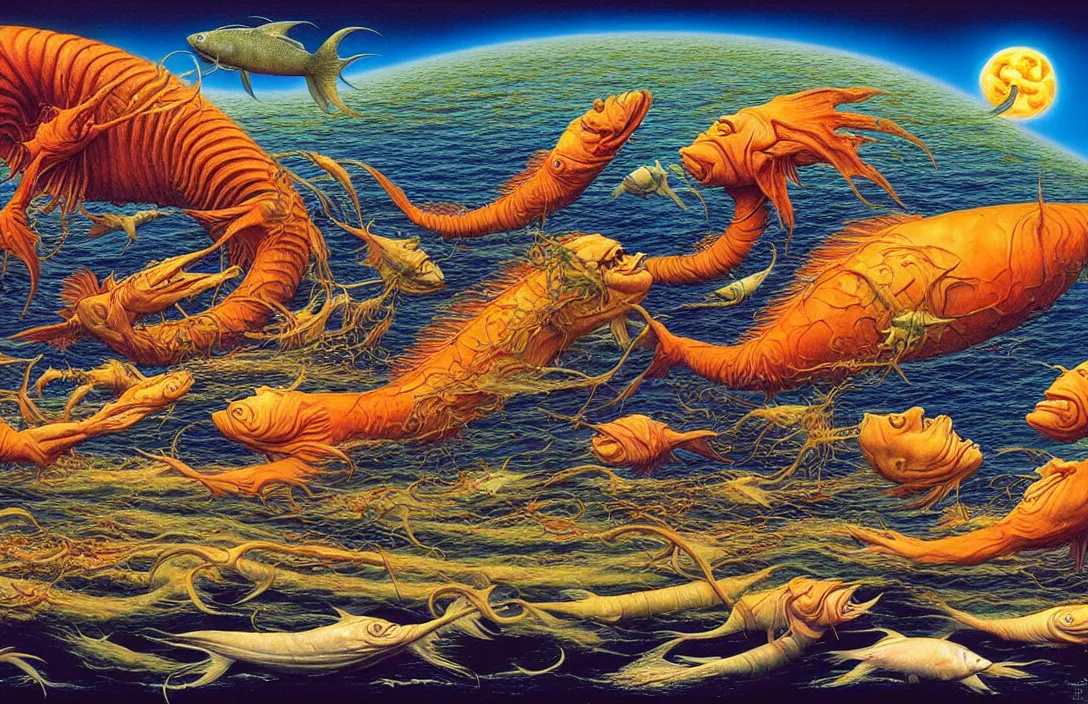 Image similar to a visionary painting of fish eating human beings by junji ito, michael whelan, roger dean, bob eggleton, lisa frank, vladimir kush, kubrick, james gurney, giger