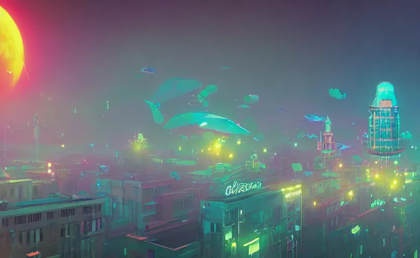 Prompt: Wide angle shot of a city with holographic fishes floating in the sky by Petros Afshar and Beeple, James Gilleard, Mark Ryden, Wolfgang Lettl highly detailed, Dark cineamtic and atmospheric lighting