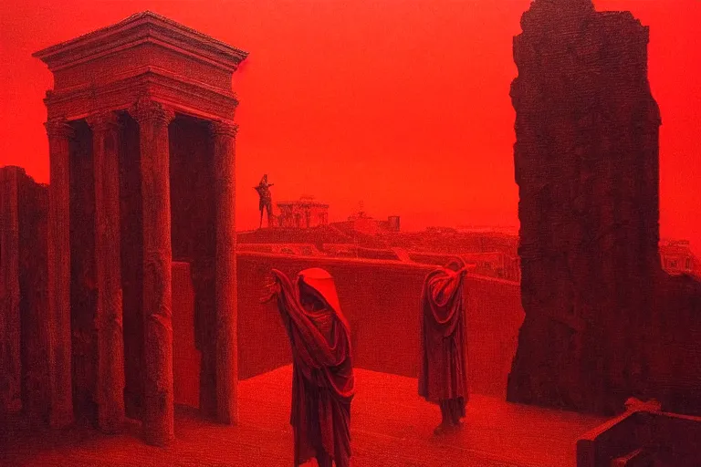 Image similar to only with red, caesar after war, a red tiger, in hoc signo vinces, rome in background, an ancient path, in the style of beksinski, part by hopper, part by rodcenko, part by hofbauer, intricate composition, red by caravaggio, insanely quality, highly detailed, masterpiece, red light, artstation