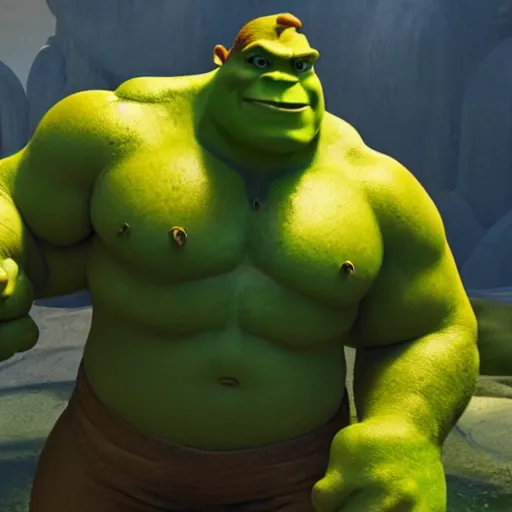 Prompt: shrek and the hulk are best friends, wide shot, dramatic lighting, octane render, hyperrealistic, HD