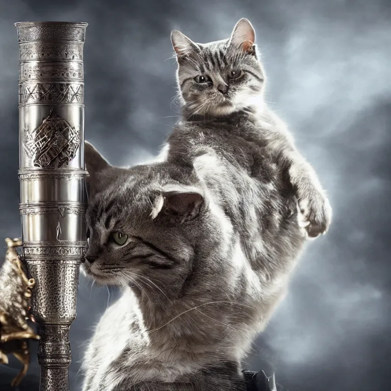 Image similar to an amazing award winning photo of a cat as knight templar protecting the holy grail, very detailed and sharp, 4k hdr, cinematic masterpiece