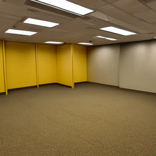 Prompt: empty 9 0 s office building with no windows doors or furniture. the building has brown carpet and yellow wallpaper