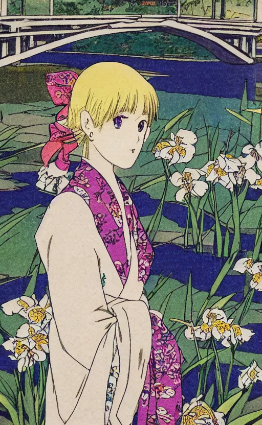 Image similar to by akio watanabe, manga art, a blond girl is looking at wooden lake bridge and iris flowers, trading card front, kimono, realistic anatomy