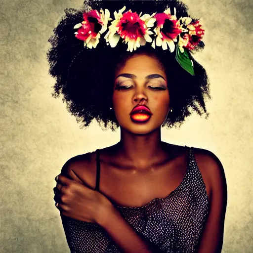 Image similar to Photo of a black woman, pretty make-up, flower crown, bold, self-confidence, cinematic focus