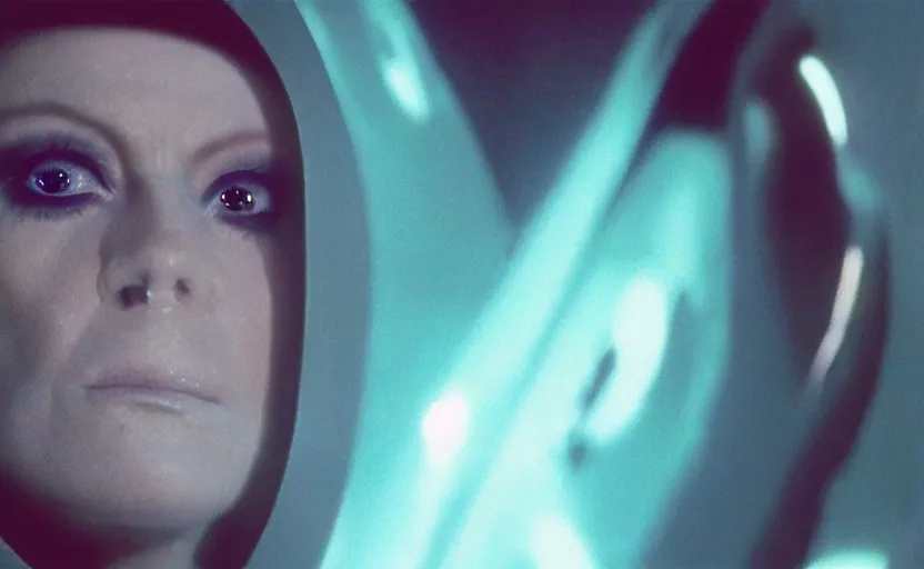 Image similar to screenshot portrait of sith lord queen female villian, in a teal round Temple scene from lost star wars film from 1980s directed by Stanley Kubrick, 4k restoration, iconic shot, surreal sci fi set design, photoreal portrait Carrie fischer and Harrison Ford, detailed face, moody lighting stunning cinematography, hyper detailed, sharp, anamorphic lenses, kodak color film