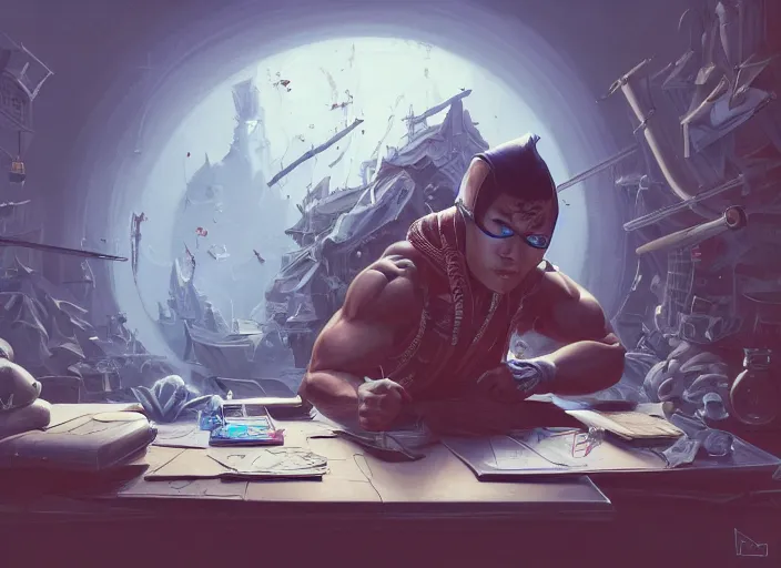 Image similar to an insanely detailed painting of an asian man wearing a homemade superhero costume, sitting at a desk, staring seriously at the computer and typing, in the style of peter mohrbacher, james jean, artgerm, dramatic lighting and composition, surreal background, octane render, pixar, trending on artstation, concept art, comic book, view from behind, 8 k