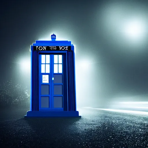 Image similar to a hyperdetailed photograph of the tardis sat on a futuristic street corner, night, dense fog, rain, hd, 8 k resolution