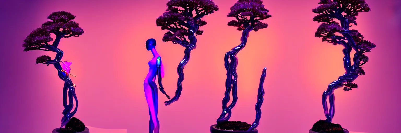 Image similar to beautiful mannequin sculpted out of amethyst by billelis + lit with geometric neon dripping gold + kintsugi, facing a doorway opening with neon pink geometric fractal light + flowering bonsai trees + lighting in background!!, transcendent, clean linework, dramatic, finely detailed, award winning, 4 k, trending on artstation, photorealistic, volumetric lighting, octane render