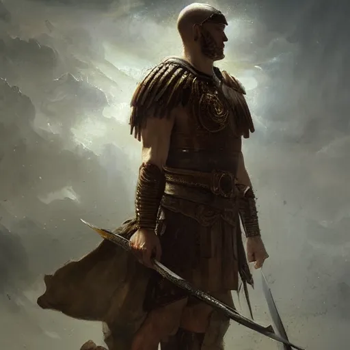 Prompt: a dramatic epic ethereal portrait of a Roman Wars soldier, full body with dynamic pose, male, detailed face, cinematic lighting, highly detailed oil on canvas painting by Greg Rutkowski, winning-award digital art trending on Artstation H 1024 W 832