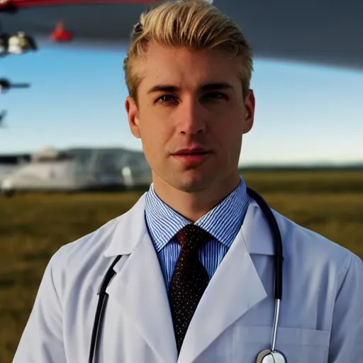 Image similar to blond male doctor in front of helicopter, epic lighting