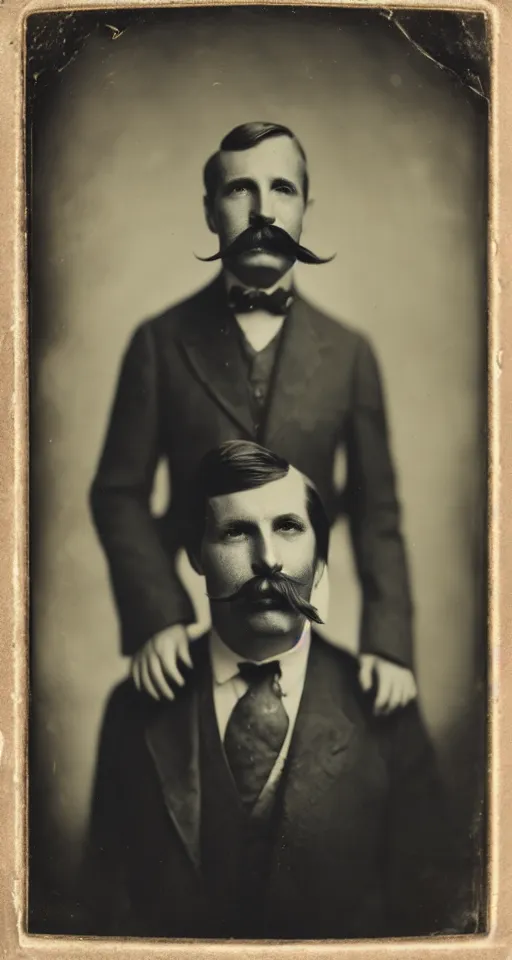 Prompt: a wet plate photograph, a portrait of a well dressed man with a walrus mustache