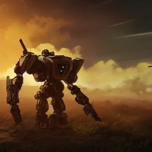 Image similar to a mech with guns on each arm preparing for combat, battlefield, dead trees, fire, smoke, dark clouds, slightly sunny, ominous, intense, epic, extremely detailed, cinematic lighting, studio ghibli, anime,