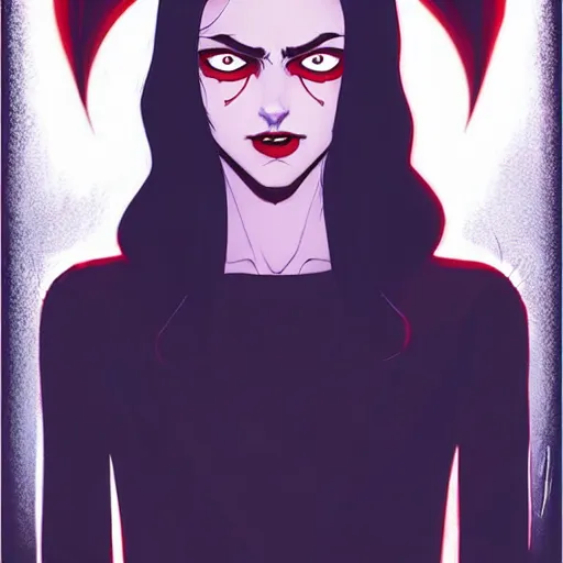 Prompt: Rafeal Albuquerque comic art, Joshua Middleton comic art, pretty female Phoebe Tonkin,l vampire, fully red eyes no pupils sharp vampire teeth open mouth evil smile, horror, symmetrical face, symmetrical eyes, pretty white dress, short black hair, full body:: snow outside::