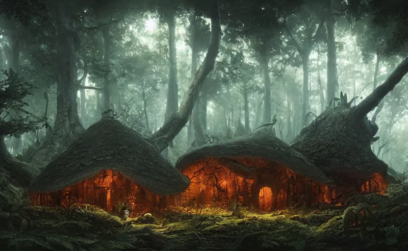 Image similar to A mushroom house!!!!, in a dark forest, macro, cool tones, underexposed, overecast, mysterious matte painting by greg rutkowski and marc simonetti and Ivan Shishkin, 4k