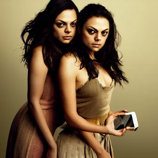 Image similar to Selfie photograph of Mila Kunis and Mila Kunis, light makeup, golden hour, 8k, photographed by Erwin olaf