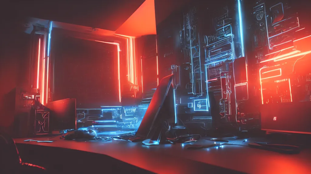 Image similar to a cyberpunk overpowered computer. Overclocking, watercooling, custom computer, cyber, mat black metal, alienware, futuristic design, desktop computer, nebula, galactic, space, minimalist desk, minimalist home office, whole room, minimalist, Beautiful dramatic dark moody tones and lighting, orange neon, Ultra realistic details, cinematic atmosphere, studio lighting, shadows, dark background, dimmed lights, industrial architecture, Octane render, realistic 3D, photorealistic rendering, 8K, 4K, Cyborg R.A.T 7, Republic of Gamer, computer setup, highly detailed