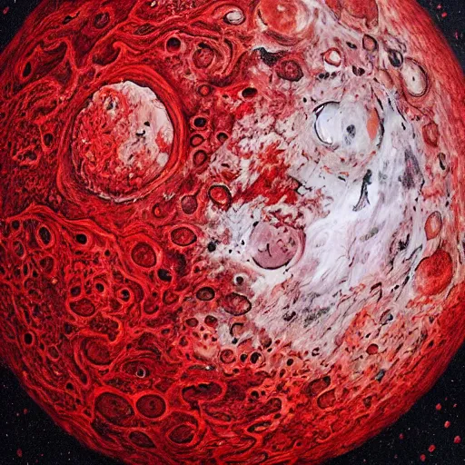 Prompt: a huge moon made out of bloody flesh above a river of blood, detailed, very detailed, high quality, high contrast, vibrant,