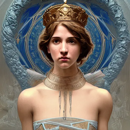 Prompt: portrait of Ex Machina as a greek goddess, marble statue, greek mythology, blue crown and filaments, intricate, headshot, highly detailed, digital painting, artstation, concept art, sharp focus, cinematic lighting, illustration, art by artgerm and greg rutkowski, alphonse mucha, cgsociety