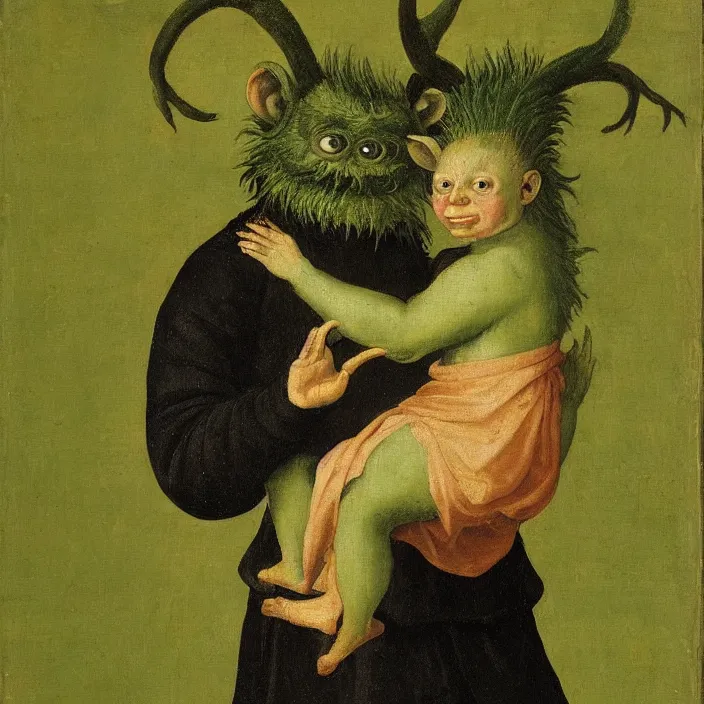 Image similar to a green - horned goblin holding a child, early netherlandish painting,