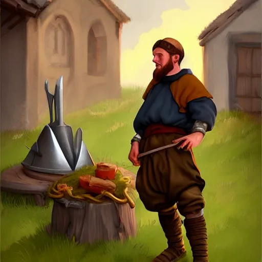 Image similar to medieval peasant boy at forge talking to blacksmith, artstation, fantasy