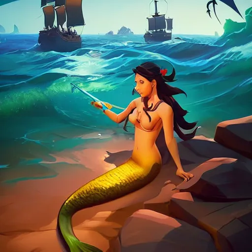 Image similar to painting mermaid treasure on sea of thieves game avatar hero smooth face median photoshop filter cutout vector, behance hd by jesper ejsing, by rhads, makoto shinkai and lois van baarle, ilya kuvshinov, rossdraws global illumination