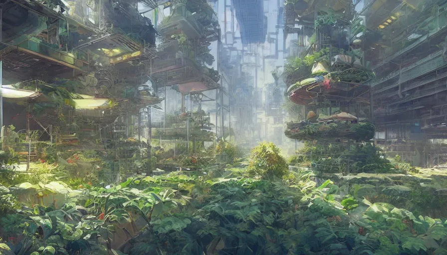 Image similar to craig mullins and ghibli digital illustration organized solarpunk tall vertical farms under an invisible force field, scifi hydroponics, astrophotography, colorful, unreal engine, hyper realism, realistic shading, cinematic composition, realistic render, octane render, detailed textures, photorealistic, wide shot