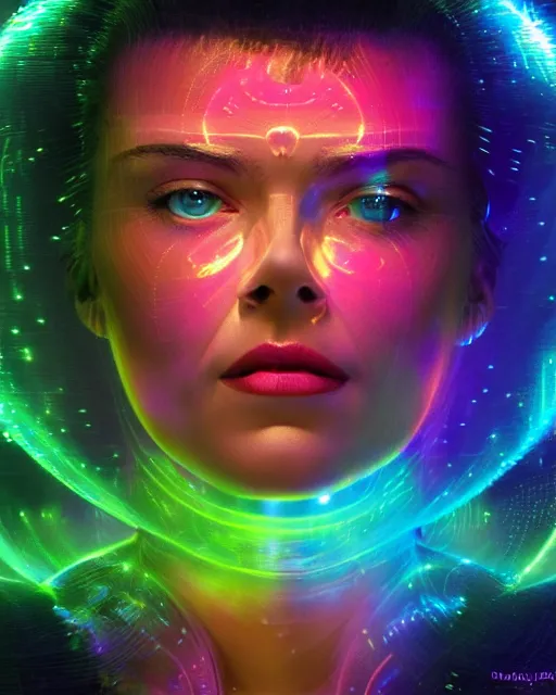 Prompt: a powerful energy holographic matrix woman, by alexander fedosav, hyper detailed digital matte painting, concept art, hyperrealism, 1 6 k resolution, cinema 4 d, 8 k resolution, trending on artstation, behance hd, a masterpiece, by stephan martiniere, particles, cel - shaded, power bright neon energy, by david a. hardy,