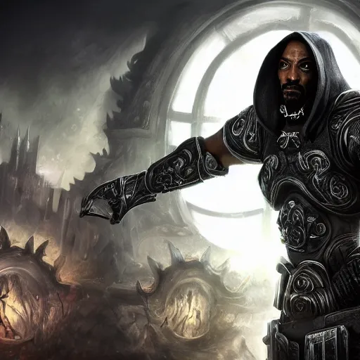 Image similar to portrait of snoop dogg as the grim reaper, league of legends amazing splashscreen artwork, gears of war, splash art, natural light, elegant, photorealistic facial features, intricate, fantasy, detailed face, atmospheric lighting, anamorphic lens flare, cinematic lighting, league of legends splash art, hd wallpaper, ultra high details by greg rutkowski