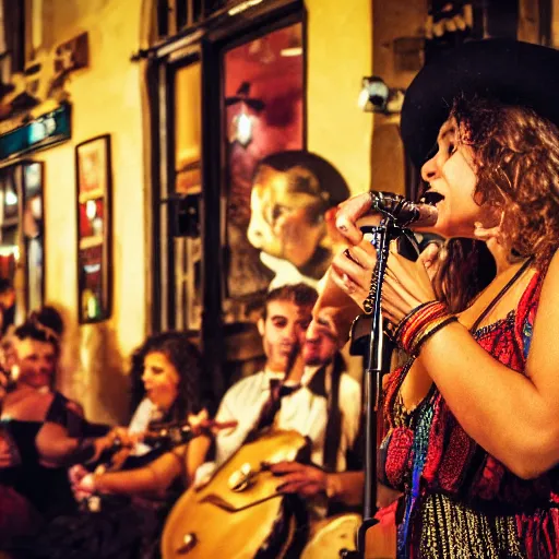 Image similar to a gipsy singer sings a jazz song in a crowded pub, award-winning photograph, dark, golden hour, colorful, night