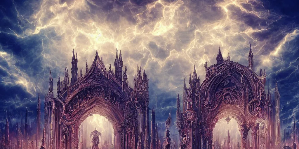 Prompt: [ palate ] [ nebulous energy ] [ muted colors ] benevolent soul spirits congregating in front of an intricate giant gothic gateway, paisley pattern synapse clouds, god at the gate, vibrant neon nebulous clouds, symmetrical details, hyper realistic illustration, radiant light rays, photorealistic illustration, intricate and fine details, volumetric lighting, artstation