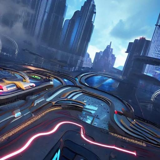 Image similar to cityscape from wipeout playstation ultra detailed 4 k unreal engine artstation