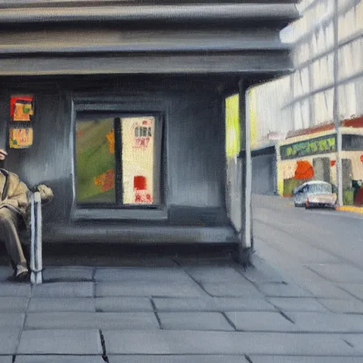 Image similar to a man waiting at a bus stop, oil painting, thick brush strokes!, on black canvas, street sign in corner