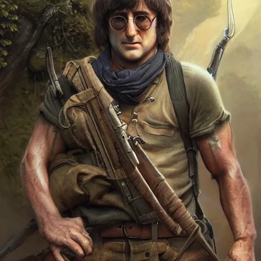 Prompt: john lennon as rambo, ultra realistic, concept art, intricate details, highly detailed, photorealistic, octane render, 8 k, unreal engine, art by frank frazetta, simon bisley, brom