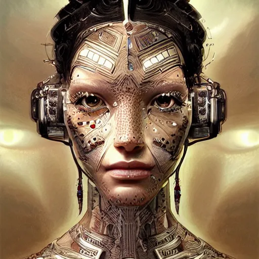 Image similar to a robotic goddess, tattoo face, jewelry skin, highly detailed, digital painting, smooth, sharp, beautiful face, expressive eyes, highly intricate, art by greg rutkowski and alex gray