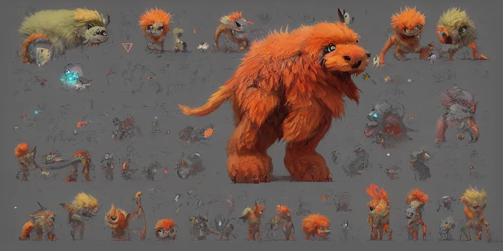 Image similar to big friendly furry monster design, colorful, character sheet, concept design, greg rutkowski, zabrocki, karlkka, jayison devadas, trending on artstation, 8 k, ultra wide angle, zenith view, pincushion lens effect