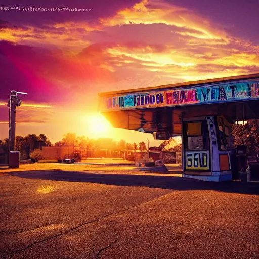 Prompt: a cute fluffy caracal in a sunset light landscape with historical route 6 6, lots of sparkling details and sun ray ’ s, blinding backlight, smoke, volumetric lighting, colorful, octane, 3 5 mm, abandoned gas station, beautiful epic colored reflections, very colorful heavenly, softlight