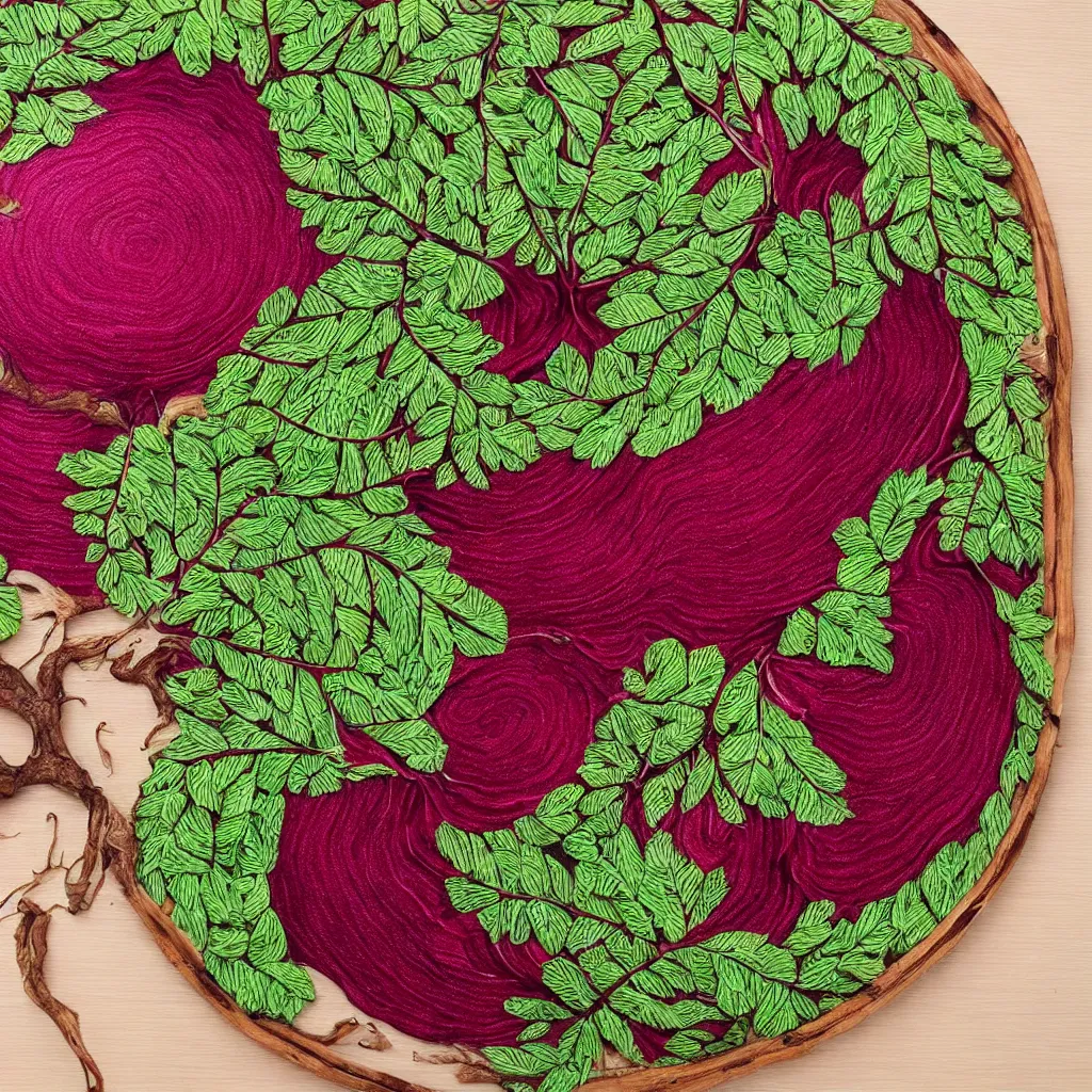 Image similar to embroidered giant cut beetroot, creating large spiral with embroidered leaves and fractal roots, over vivid wood table, food photography.. super detailed. masterpiece