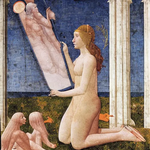 Image similar to half - length portrait of beautiful witch circe in the odyssey, art by piero della francesca, giotto,